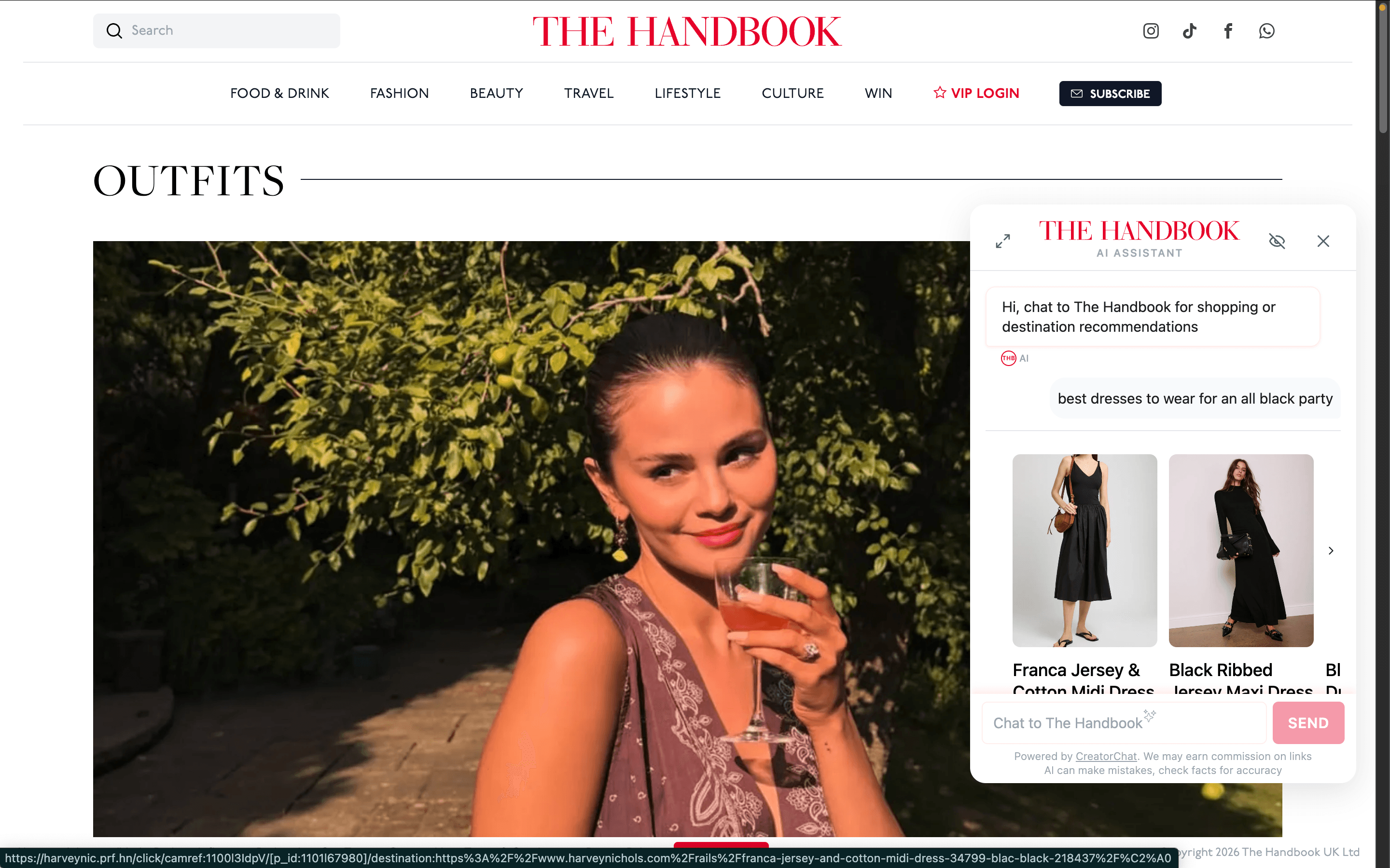 The Handbook Outfits page with the CreatorChat assistant answering a request for black party dresses and showing product cards.